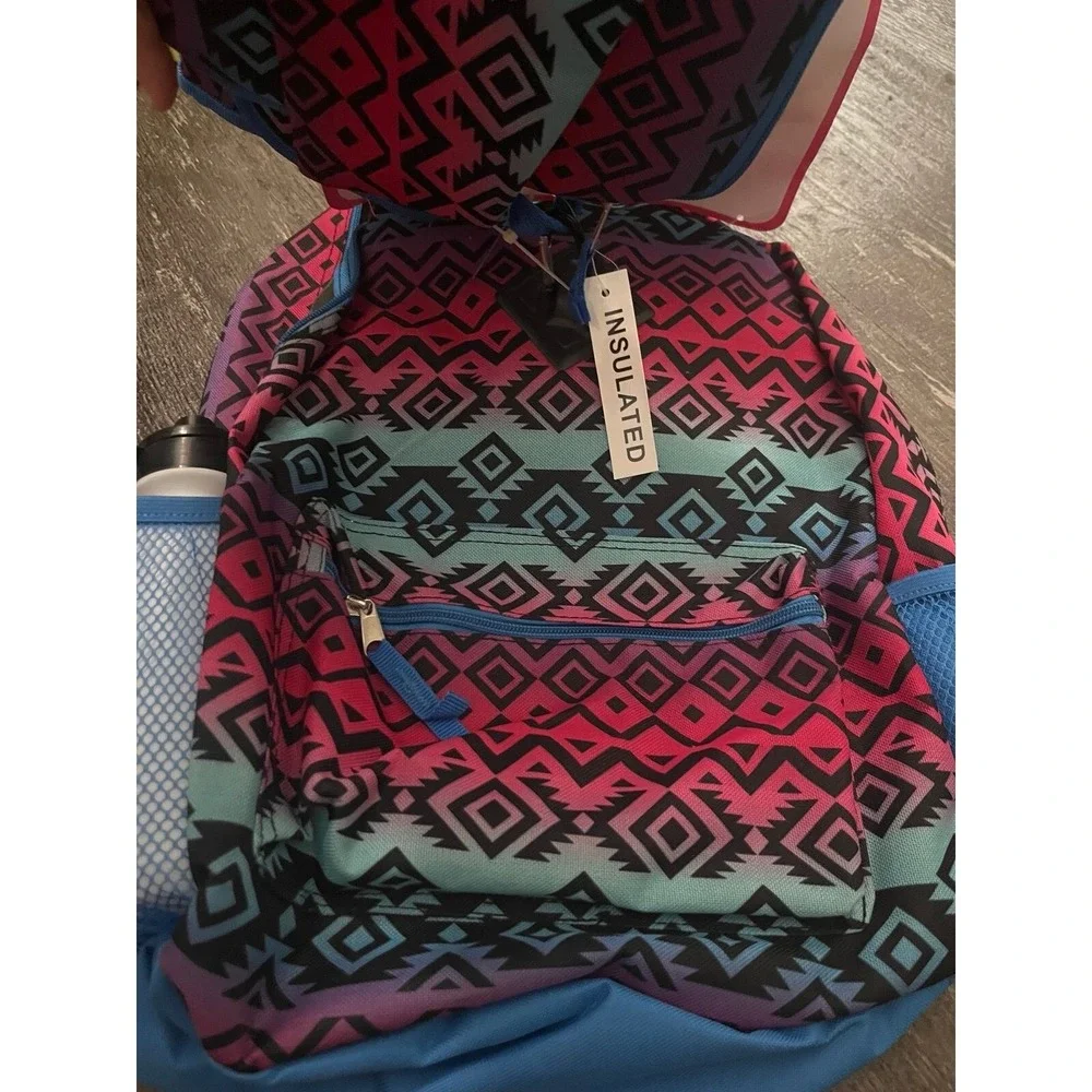 Aztec Print Backpack 6 Piece Set NWT Pink Blue Lunch Bag Water Bottle